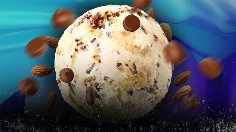 a ball of chocolate chip and almond ice cream