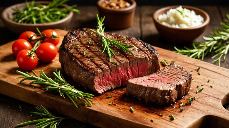 Cooked steak on a wooden board with garnish